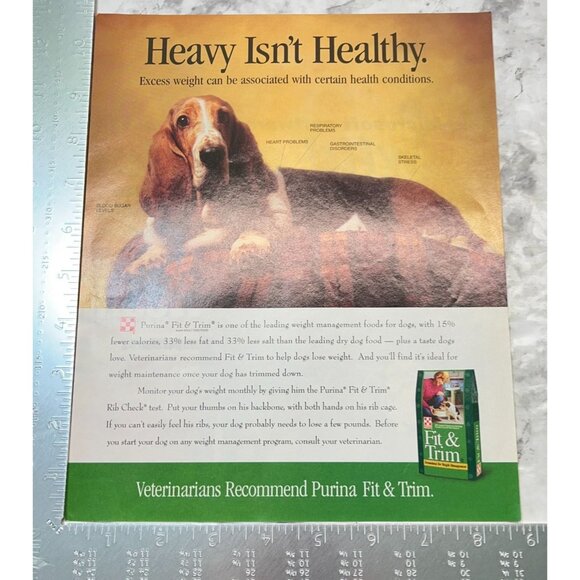 Purina Dog Food Print Ad Vintage 90s Fit and Trim Bassett Hound Weight Control - Picture 2 of 5